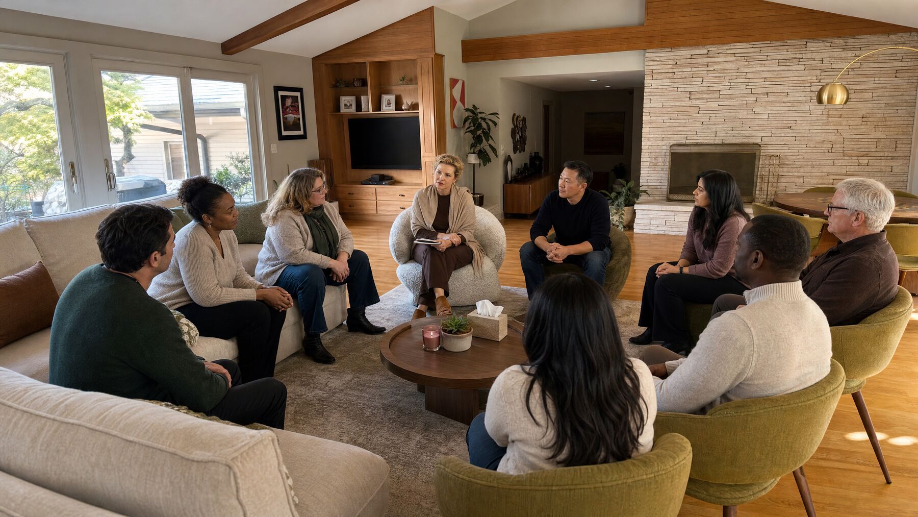 A small group of couples seated in a circle on sofas and green armchairs around a round wooden coffee table, in a bright living room with a stone fireplace and windows onto trees