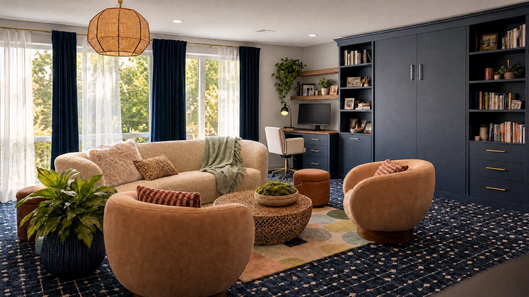 The garden office: a curved cream sofa and two rounded armchairs around a woven coffee table, with tall windows onto green trees and navy bookshelves along one wall