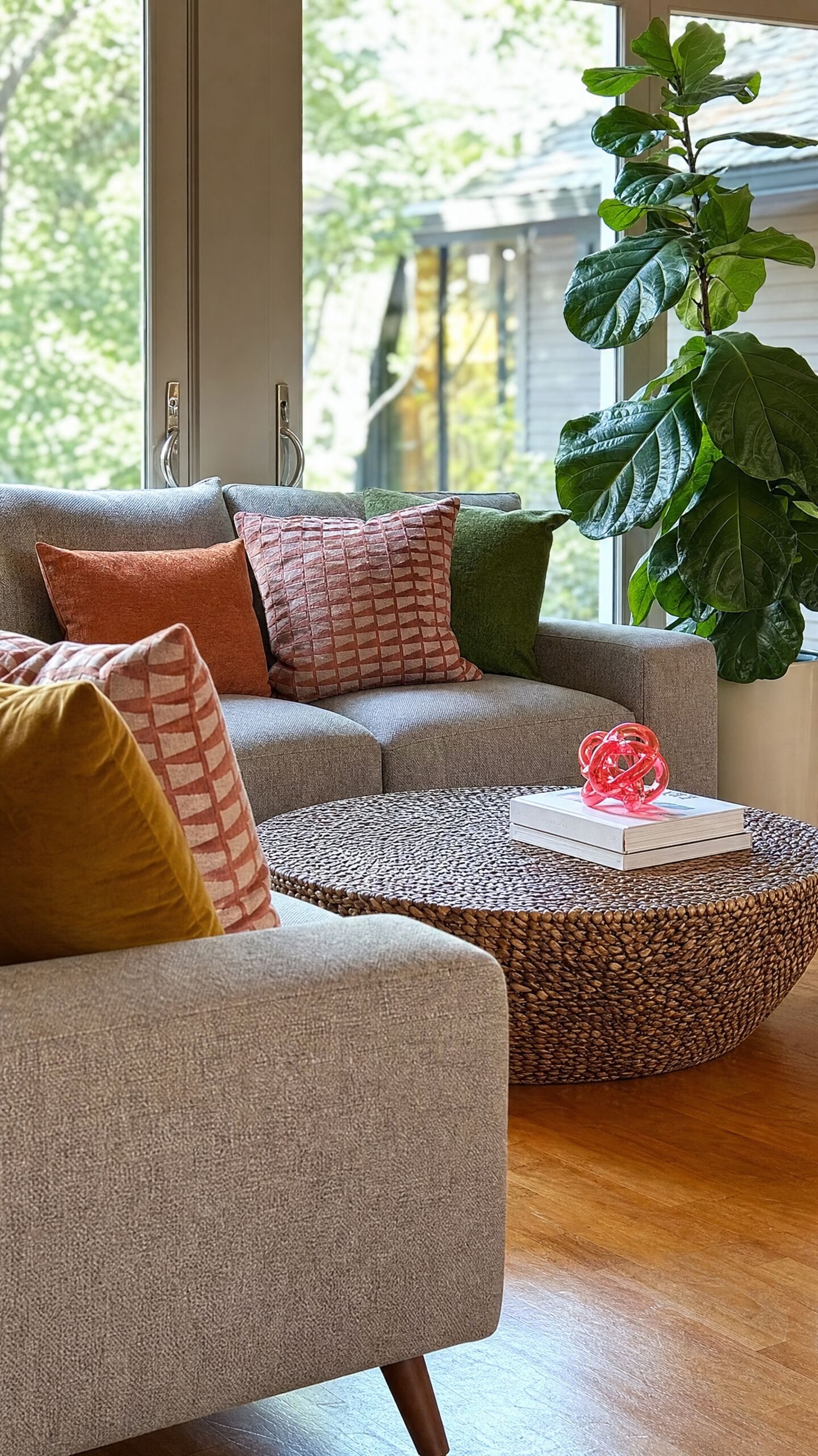 A gray sofa with rust, pink and mustard cushions beside a round woven coffee table and a tall fiddle-leaf fig, in front of windows onto green trees